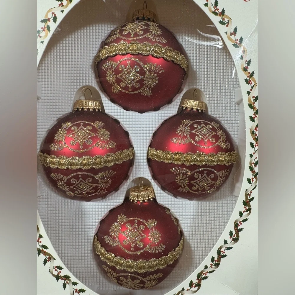 Elegant glass Christmas burgundy, gold ornaments by Krebs